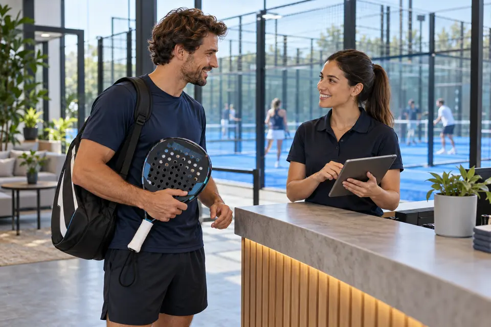 Illustrative scene of a player planning a padel session at a club reception